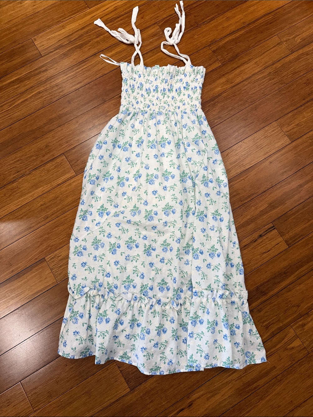 Mable Floral Maxi Dress with Tie Straps - White & Blue